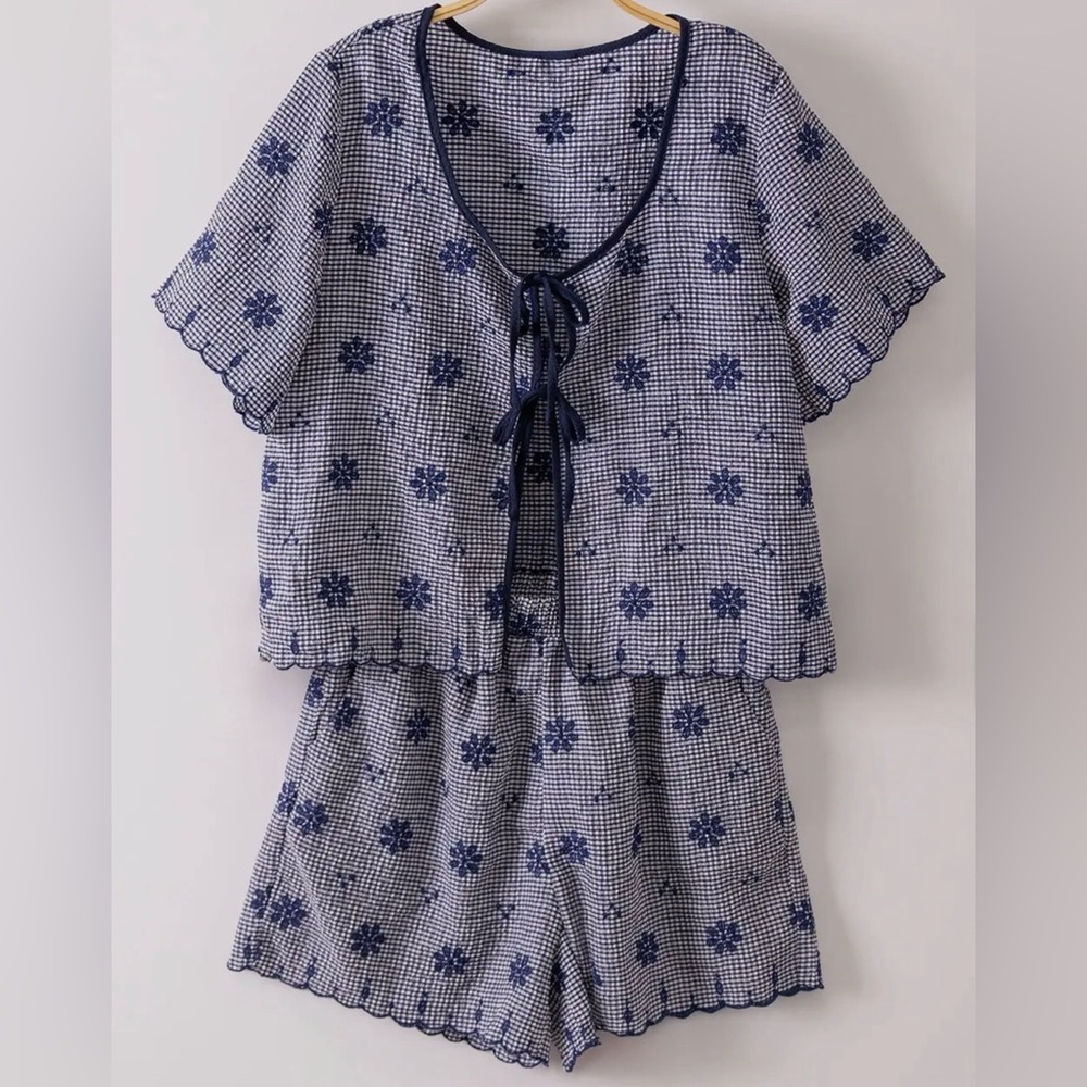 Blue Floral Check Short Sleeve Top & Shorts Set